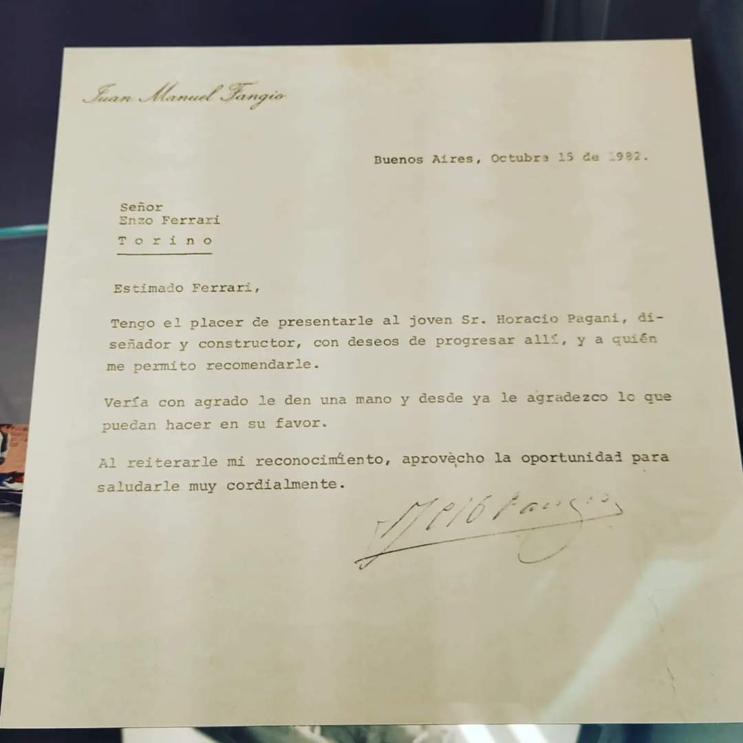 Josemivn's tweet photo. Carta de Juan Manuel Fangio a Enzo Ferrari del 15 de octubre de 1982, recomendándole a Horacio Pagani y solicitándole su ayuda. https://t.co/brAFFH78yT