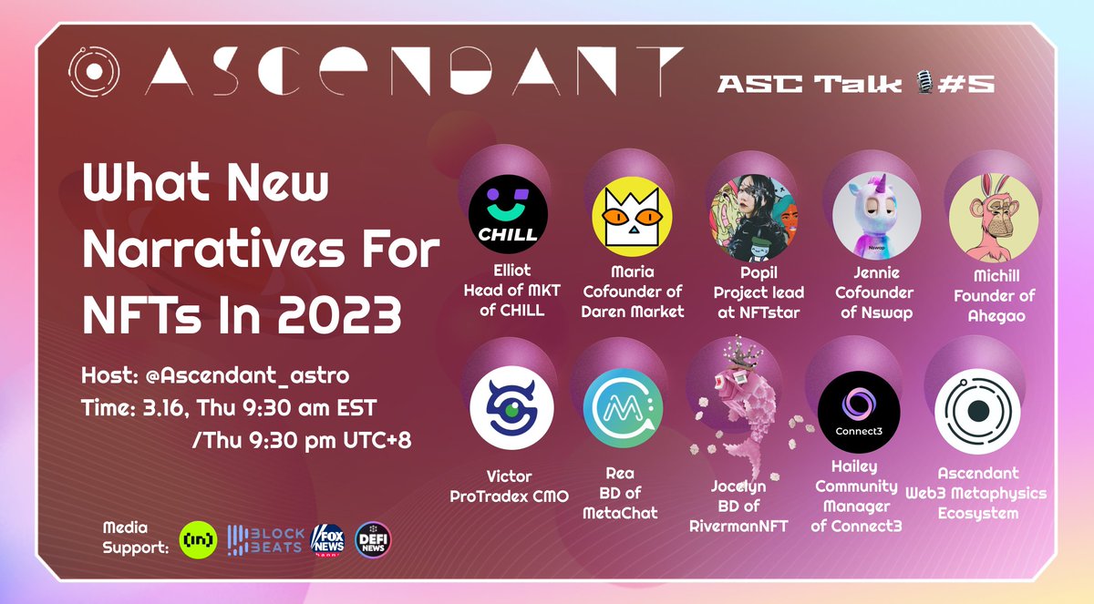 Ascendant_fun's tweet image. ASC Talk🎙 #5 :  𝐖𝐡𝐚𝐭 𝐧𝐞𝐰 𝐧𝐚𝐫𝐫𝐚𝐭𝐢𝐯𝐞𝐬 𝐟𝐨𝐫 𝐍𝐅𝐓 𝐢𝐧 𝟐𝟎𝟐𝟑?

📆 Mark your Calendar:  
⏰ Time: Mar 16, Thu, 9:30 am EST

Join and claim your #W3ST 👇🏻
link3.to/e/N1YhHV