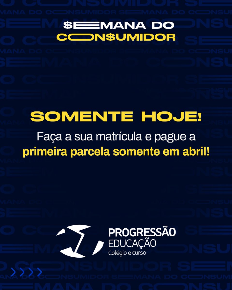 cprogressao's tweet photo. Hoje é o Dia do Consumidor! E para quem quer mudar o seu futuro através da educação, o Progressão preparou um presentão: faça a sua matrícula HOJE e pague a 1ª parcela só em ABRIL.🎉

Além disso, o sinal da turma é por nossa conta. Só vem!😎

https://t.co/qHUPS9FgdZ https://t.co/MRscgfZPGj