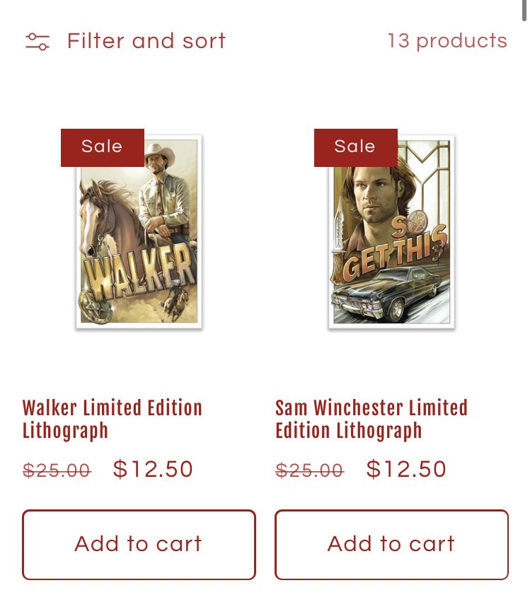 Walker and Sam Winchester art lithographs are on sale for 50% off. 
#JaredPadalecki #PadaleckiMerch