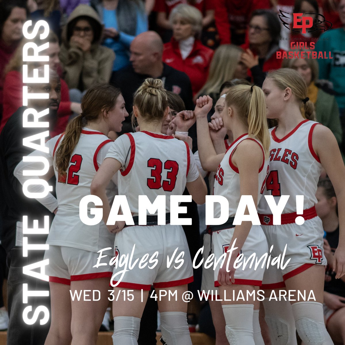 EPHS Girls Basketball (@epgirlshoops) on Twitter photo IT'S GAME DAY! STATE QUARTERFINALS! BLACK OUT!
🆚 <a href="/CentennialBBall/">CHS Cougars Girls' Basketball</a>
🗓️ Wed, 3/15
⏰ 4pm
📍 Williams Arena (U of M)
📺 nspn.tv/MSHSL/GameStre…
🎟️ mshsl.org/tickets
❗️ More info: mshsl.org/sports-and-act…
<a href="/EPActivities/">Eden Prairie Eagles</a> <a href="/EP_FanSection/">EPHS Student Section</a> IT'S GAME DAY! STATE QUARTERFINALS! BLACK OUT!
🆚 <a href="/CentennialBBall/">CHS Cougars Girls' Basketball</a>
🗓️ Wed, 3/15
⏰ 4pm
📍 Williams Arena (U of M)
📺 nspn.tv/MSHSL/GameStre…
🎟️ mshsl.org/tickets
❗️ More info: mshsl.org/sports-and-act…
<a href="/EPActivities/">Eden Prairie Eagles</a> <a href="/EP_FanSection/">EPHS Student Section</a>