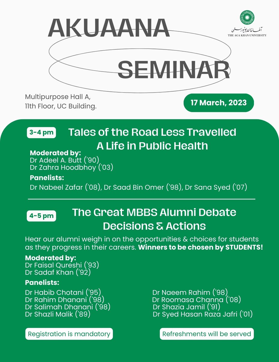 Super excited to hear our awesome #AKUAlumni excelling in their respective fields weigh in on opportunities and choices for students to progress in their careers. #AKUOnwards 
Register now; limited seating! 
👉bit.ly/42hhrR9 #PublicHealth #AI #Surgery