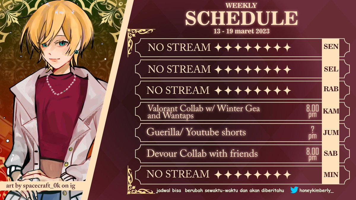 honeykimberly_'s tweet photo. 📌✨Weekly Schedule✨📌
13 - 19 march GMT +7
#Kimberlive - live
#Kimovie - nobar
#HoneyKimberly - general
#Kimeme - meme
#Kim_Illust - fanart
#Karaokim - Karaoke
.
Fan name: Kimberjoy
.
#VtuberID #VtuberEN #VTuberUprising https://t.co/HgIrc5PqGd