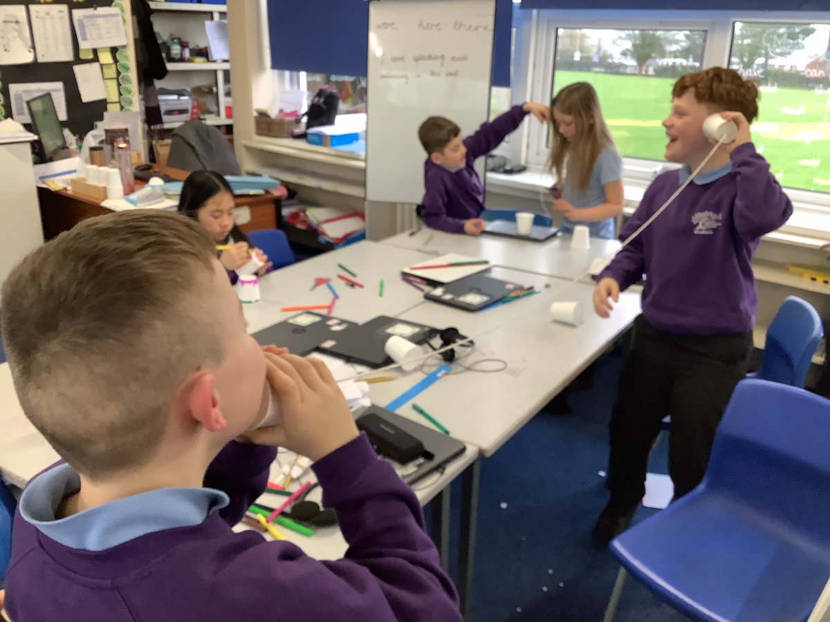 BraeburnPrimary's tweet photo. #LKS2science Team Oyster and Team Dolphin have been exploring how sound is made with our own telephones. Can you hear the sounds round a corner? #BraeburnScience https://t.co/Xr12EYNuiv