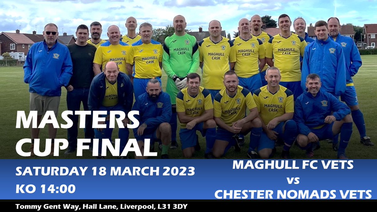 SATURDAY
MASTERS CUP FINAL 🏆

Clear your Saturday, this is going to be a cracker! 🔥⚽️

Bar open and fully stocked🍺

Get down to support the team

Everyone welcome, see you there! 

🔵⚪️🟡

Please RT