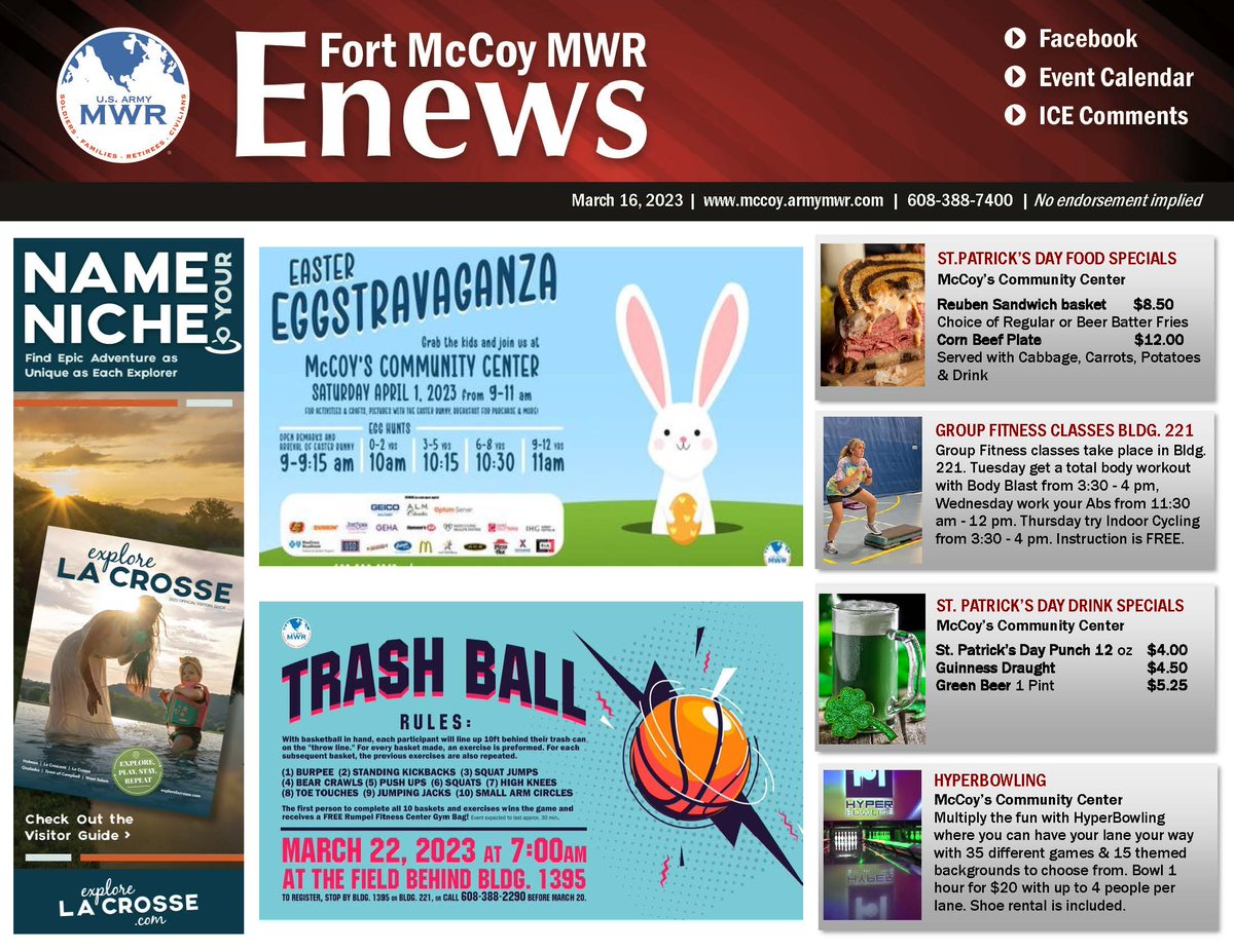 FortMcCoyMWR's tweet photo. Here's the link to the latest edition of Fort McCoy MWReNews https://t.co/zlrCjfuIXr @FortMcCoyMWR @USAGMcCoy @181MFTB @86thD @McCoyExchange @88RDBlueDevils @FtMcCoyCPAC @USArmySFL #QualityOfLifePrograms #SoldiersFamiliesRetireesCivilians #eNews @USArmyReserve https://t.co/JirPuYyxv0