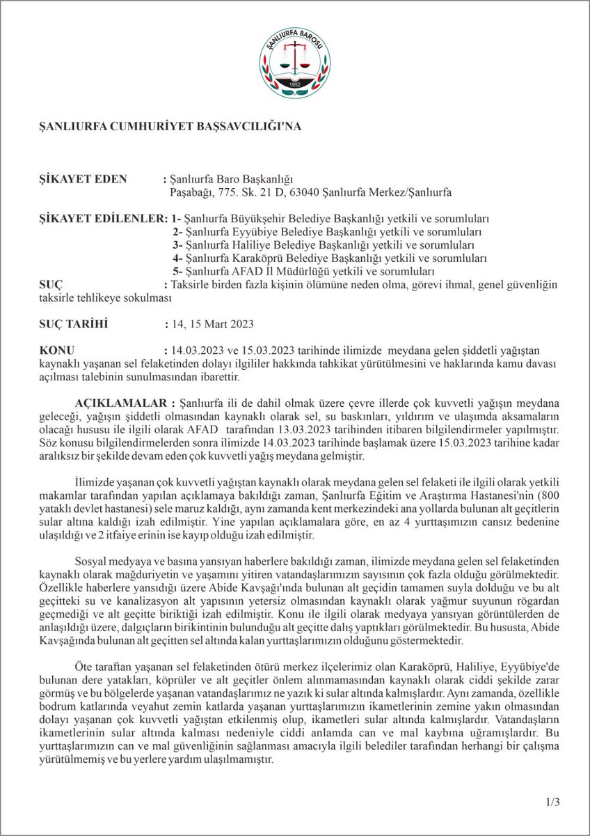 UrfaBarosu's tweet photo. Yaşamış olduğumuz sel felaketi nedeniyle ihmal ve kusuru bulunan sorumlular hakkında baromuz tarafından suç duyurusunda bulunulmuştur.

Emek ve çalışmaları nedeniyle Av.Serdal Çelik ve Av.Ümit Geyik’e teşekkürlerimizi sunuyoruz. @oncelabdullah63 https://t.co/BHqTJVzcjw