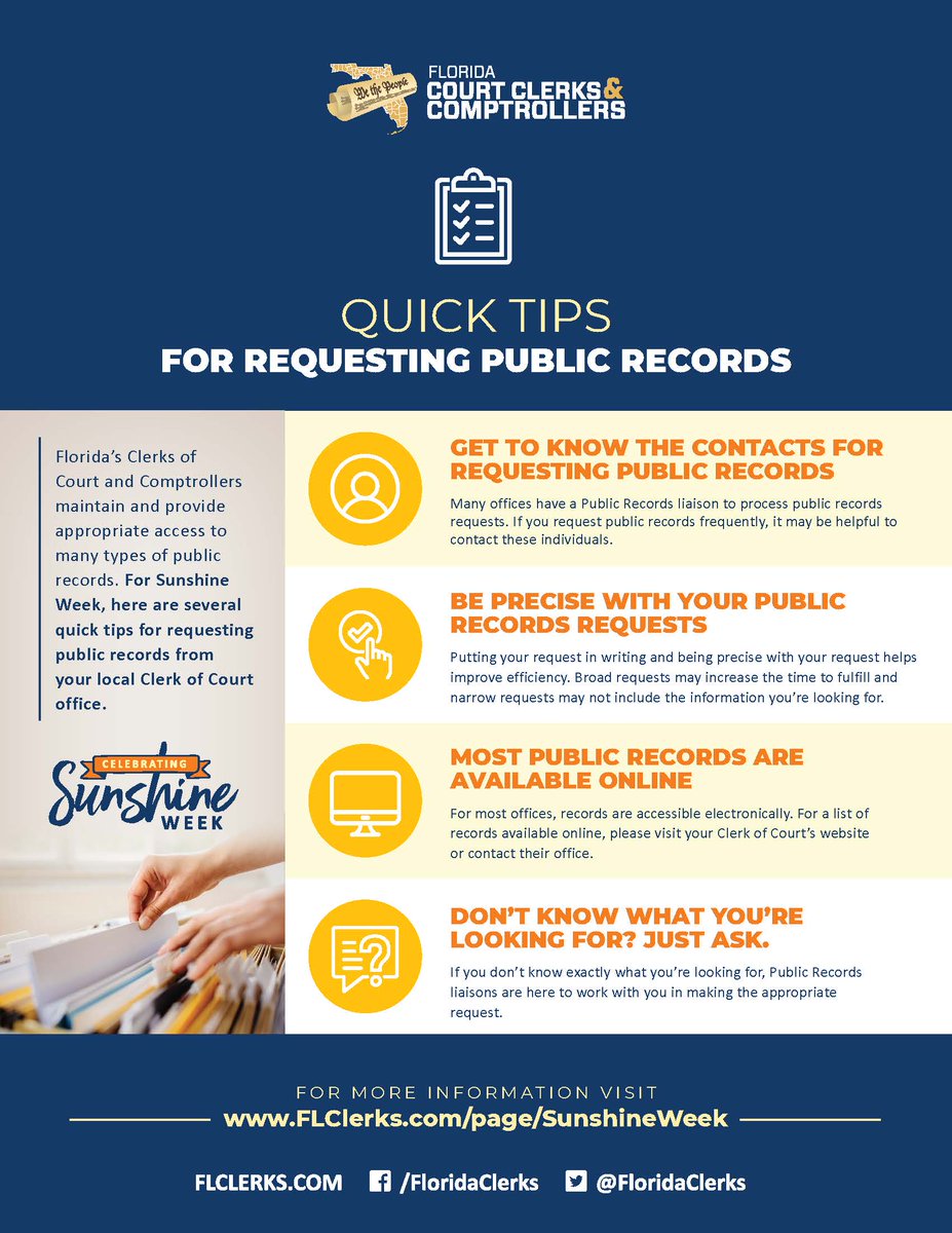 ManateeCoClerk's tweet photo. As the custodian of records, Clerks of Court manage the timely and appropriate access to official and court records.

Need a public record? Check out these tips for requesting public records.

Learn more at:
https://t.co/dolQ1iGSHA

#SunshineWeek2023
#FLClerks #ClerksServeFL https://t.co/TpK88xeWqP