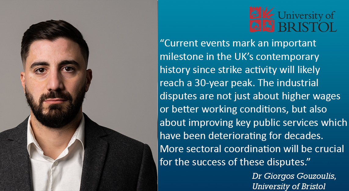 BristolUniMedia's tweet photo. Looking for an expert to comment on the UK strikes?
@GGouzoulis from @BristolUni_BSch provides historical insights and reflects on the current situation.
Get in touch for an interview!
#strikes #journorequest #expertrequest https://t.co/933oOOG95X