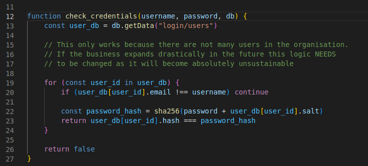 PR0GRAMMERHUM0R's tweet photo. Found this absolute gem of a function in the company repo, file is called "login_system.js" https://t.co/SewkN4cP0T https://t.co/LXHXFKUmYL