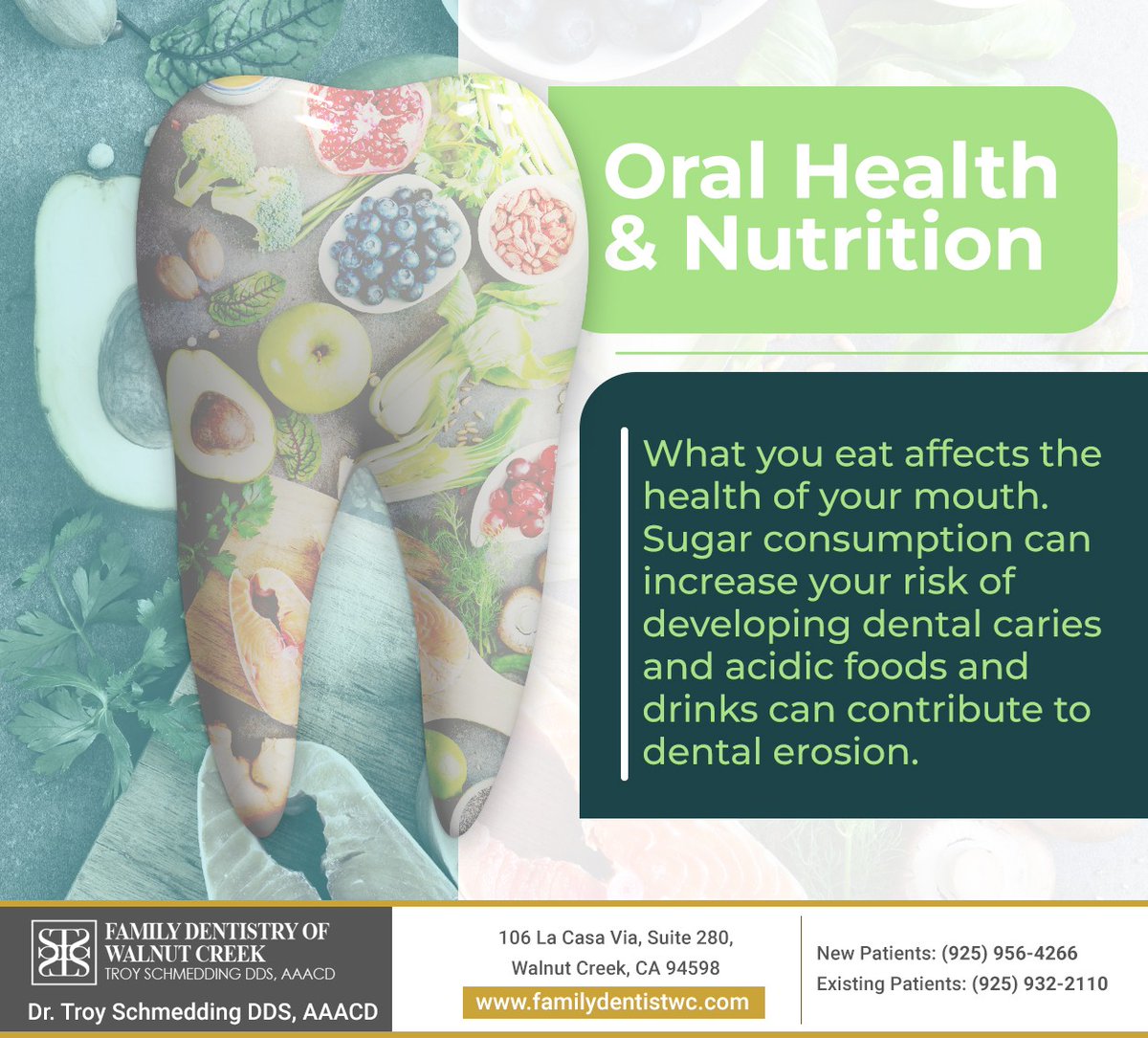 DrTroy's tweet photo. Did you know that your eating and drinking habits can have such a direct impact on the health of your smile? A healthy diet truly benefits your whole body. #oralhealth #nutrition #drtroyschmedding #walnutcreek #CA https://t.co/OfD6DEv2Ka