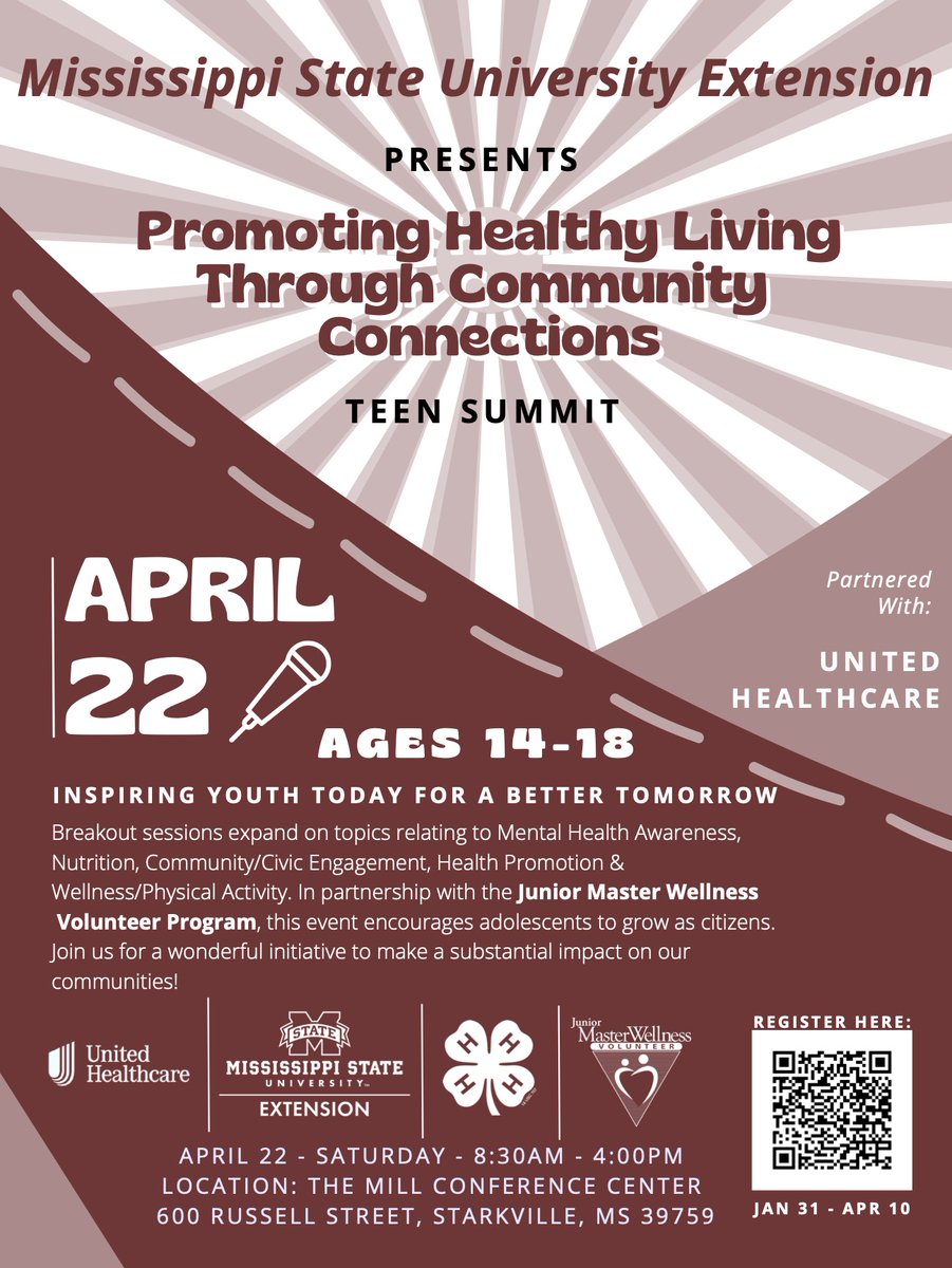 Teens can learn how to become active role models for healthy lifestyle change in their communities at an April 22 summit at the Mill Conference Center in Starkville!

🔅Learn more: ow.ly/Mq4U50NipQu #ThriveWithExtension #MSUext