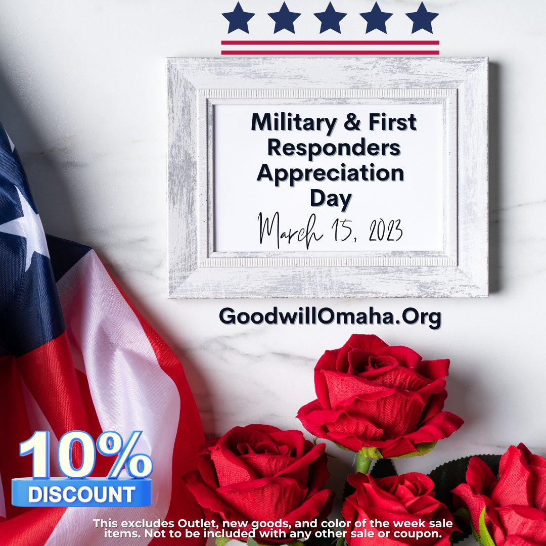 GoodwillOmaha's tweet image. First responders and military receive 10 % off at participating #GoodwillOmaha locations today for Military &amp;amp; First Responders Appreciation Day with ID.  Exclusions do apply, for more info, please refer to the post. 
#FirstResponderDiscount #MilitaryDiscount  #sale #shopforgood