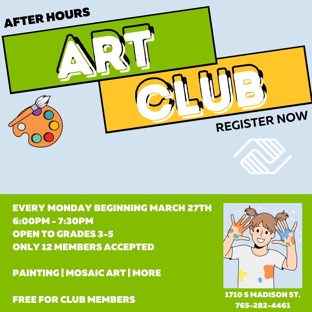 bgcmuncie's tweet image. Do you love creating art? Announcing a new After-Hours Art Club - Register Now. Starts Monday, March 27th, at Madison ST. #INKids