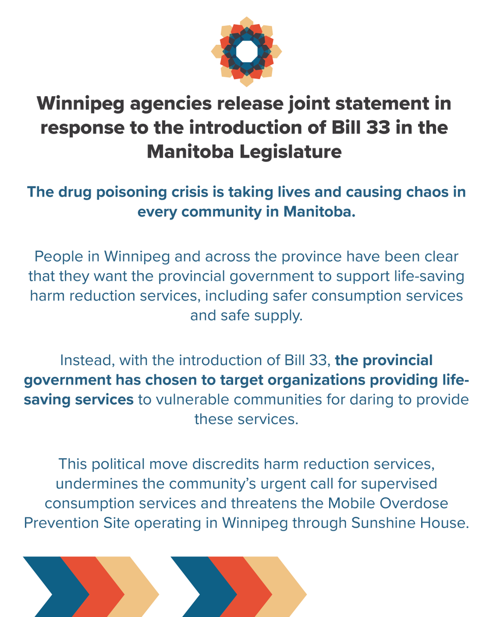 MainStProject's tweet photo. Winnipeg agencies release statement in response to the introduction of Bill 33 in the Manitoba Legislature, which targets organizations providing life-saving services to vulnerable communities.

Please click the link below to speak up against Bill 33.

https://t.co/PZtj9l6BBa https://t.co/e8oDxfyk1n