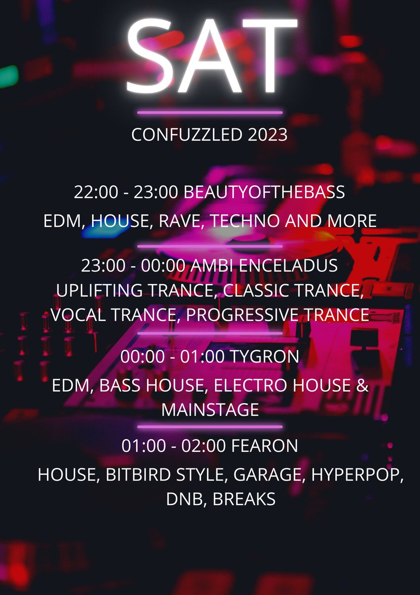Swolf's tweet photo. Emails have gone out, please check your Spam and Junk folders - Please find the DJ Schedule for ConFuzzled 2023 https://t.co/l0w4xzX4DF