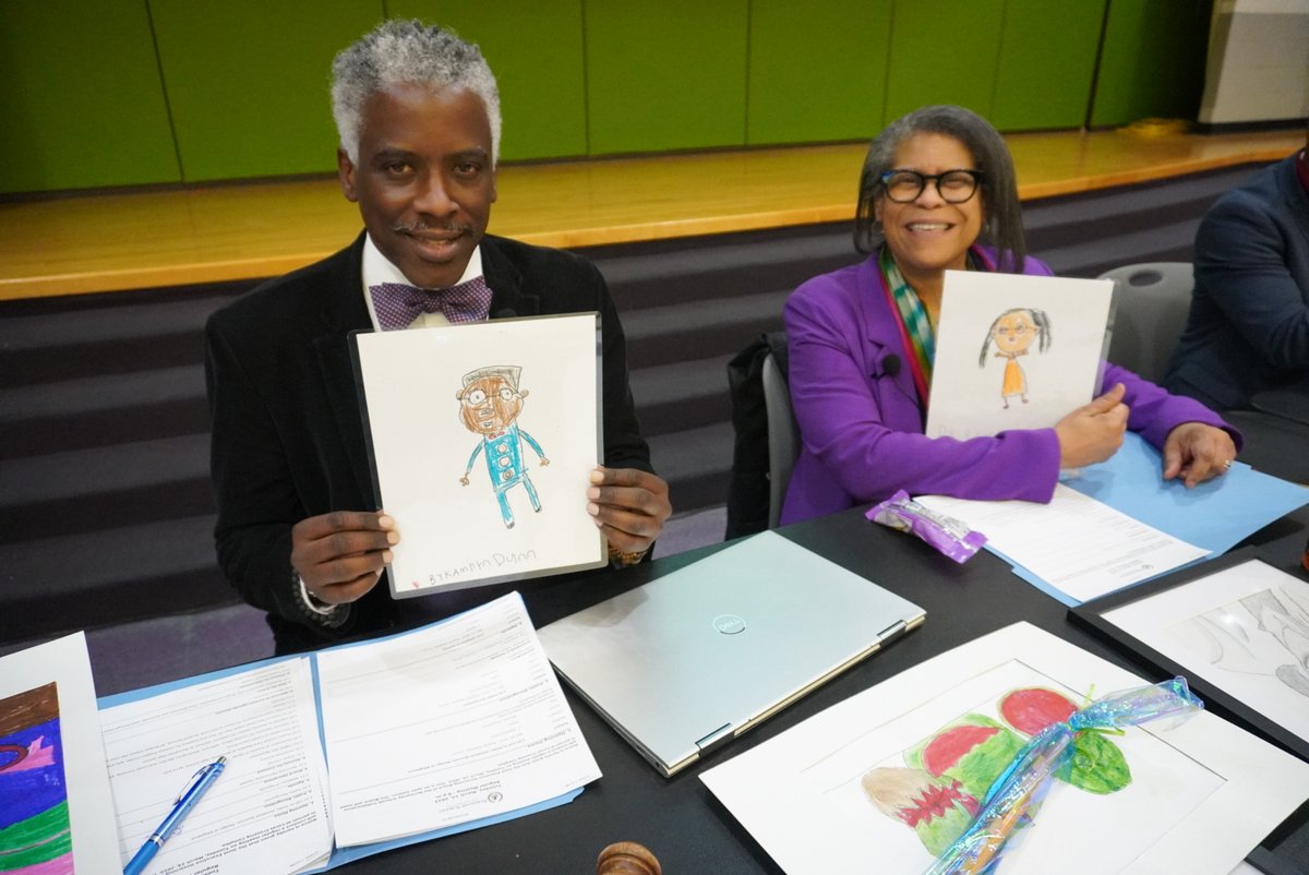 As part of School Board Recognition Month, Normandy schools presented Joint Executive Governing Board members with various gifts, including portraits hand-drawn by students, gift baskets, and handmade cards and posters during last night’s monthly meeting.