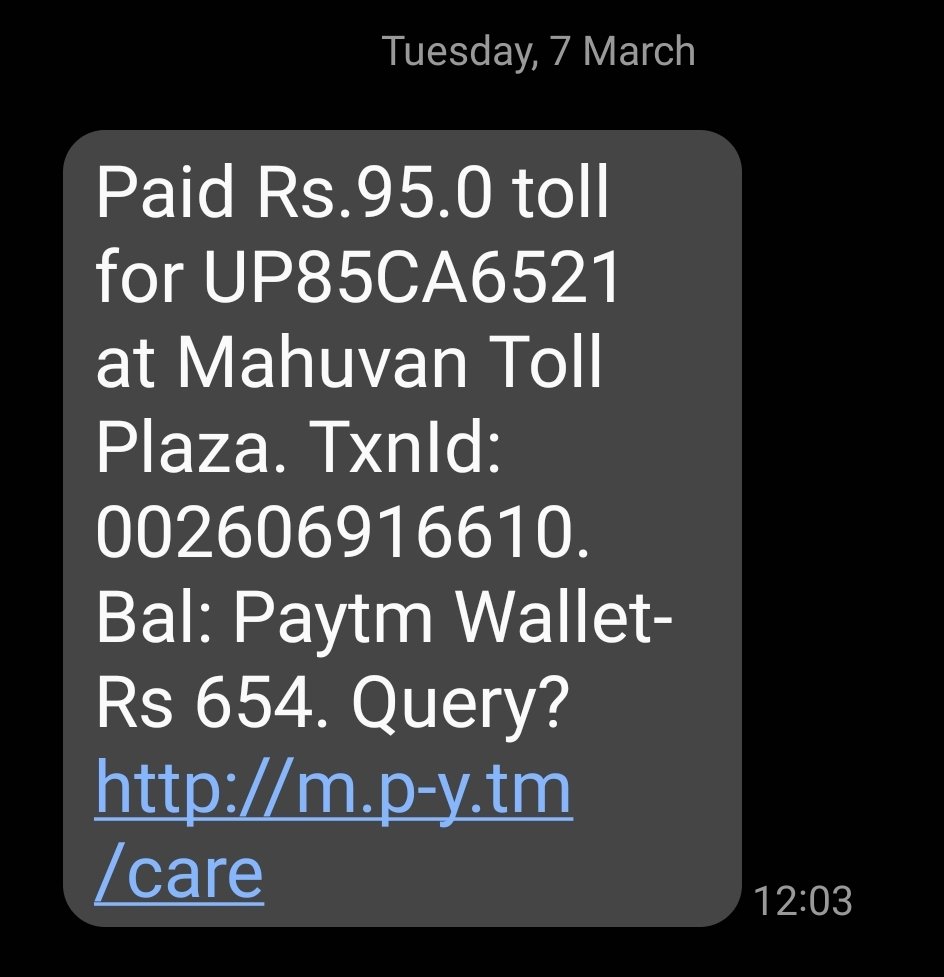 DSKuntal's tweet photo. @NHAI_Official @MORTHIndia  
7 मार्च 2023 को NH19 महुवन Mahuvan Toll Plaza से  ₹95 Toll for UP85CA6521 मोबाइल पर SMS प्राप्त हुआ, जबकि मेरी कार 4 महीने से इस रास्ते पर गई ही नहीं है। @nitin_gadkari जी कैसी लूट है ये जनता के साथ @OfficeOfNG कृपया संज्ञान लेवें। https://t.co/teDo5Ql9C9