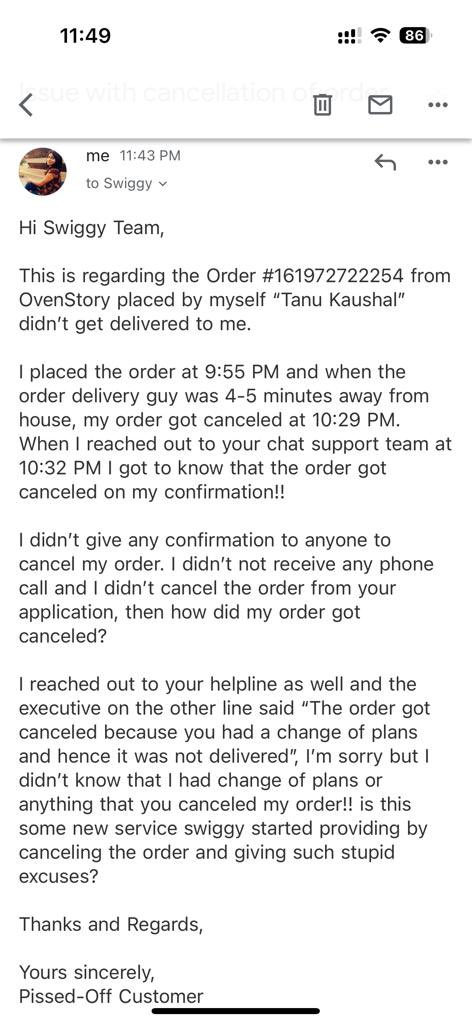 prochi45's tweet photo. Hi @Swiggy @SwiggyCares @SwiggyInstamart 

Thanks for this fraud and shitty customer support!

Now I can undoubtedly switch to @zomato so from the next time I don’t have to go to bed hungry!

Sincerely,
Pissed-Off Customer का भाई

Prashant Kaushal

#chorcompany #swiggy #fraud https://t.co/d3ClD7VOsg