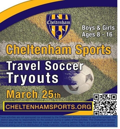 Check out the travel soccer tryouts on March 25. More info at cheltenhamsports.org . instagr.am/p/Cp0U2svrS7p/