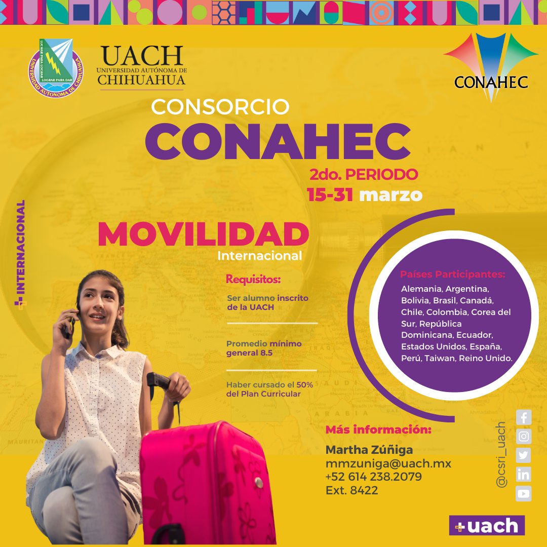 CSRI_UACH's tweet image. La convocatoria de movilidad bajo el consorcio CONAHEC - Consortium for North American Higher Education Collaboration se encuentra disponible🙌🌎
Te invitamos a consultar las universidades participantes en movilidad.uach.mx en en mapa de la parte inferior de la página🔍