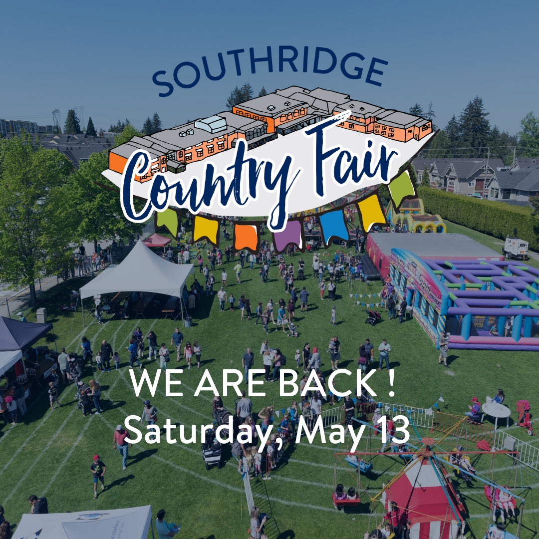 SouthridgeNews's tweet photo. SAVE THE DATE!
After two years, COUNTRY FAIR is finally back and taking place on Saturday, May 13th!  Come visit our campus and enjoy carnival rides/games, food trucks &amp; more!
#sridge #sridgecountryfair #countryfair #carnival #foodstations #foodtrucks #giantgorilla #southsurrey https://t.co/raMau030Qx