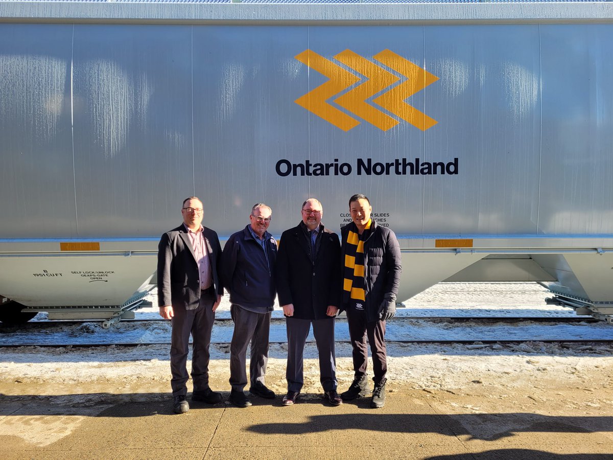 StanChoMPP's tweet photo. This morning, I joined the @OntNorthland in #Englehart to showcase four new railcars that have been purchased to help local farmers transport their goods throughout Ontario and beyond! https://t.co/tKn4oRC6Dl