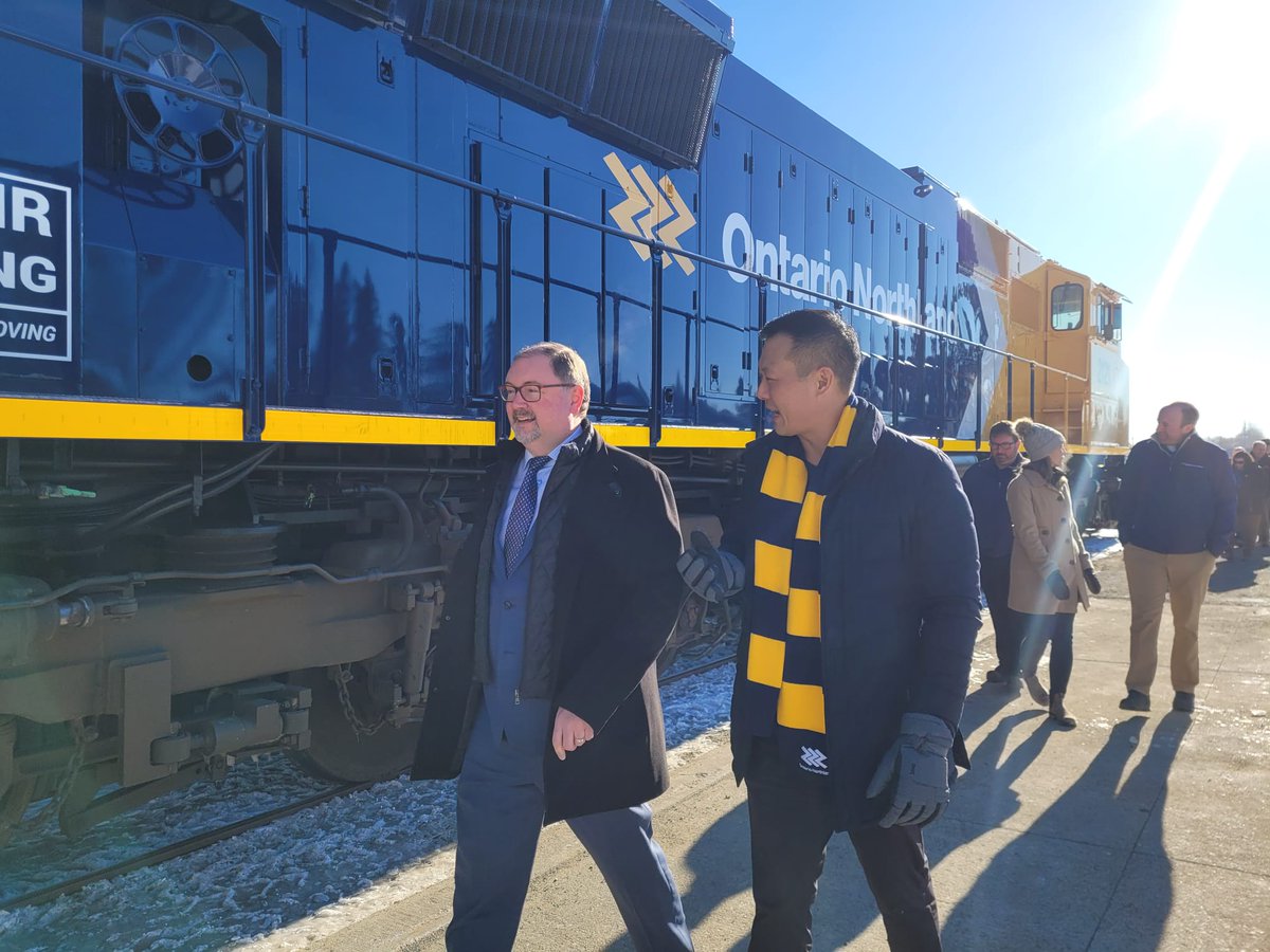 StanChoMPP's tweet photo. This morning, I joined the @OntNorthland in #Englehart to showcase four new railcars that have been purchased to help local farmers transport their goods throughout Ontario and beyond! https://t.co/tKn4oRC6Dl