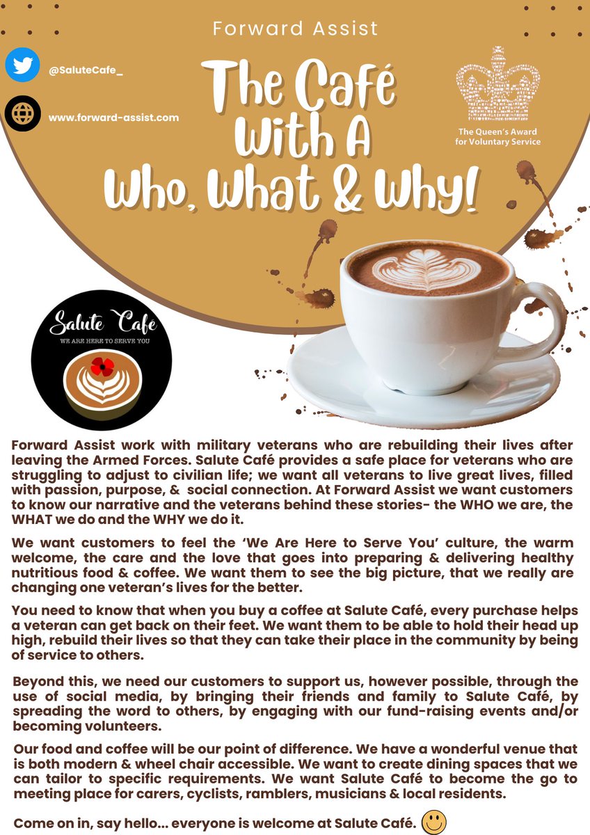ForwardAssist1's tweet photo. Salute Cafe @SaluteHerUK Is A Community Cafe With A Purpose ๐@SaluteHerUK @FamilyFirst_FA #Cook2Give #Soldier2Citizen #PayItForward #Veterans
Coffee-Connection-Community https://t.co/1N4vXfjoJj