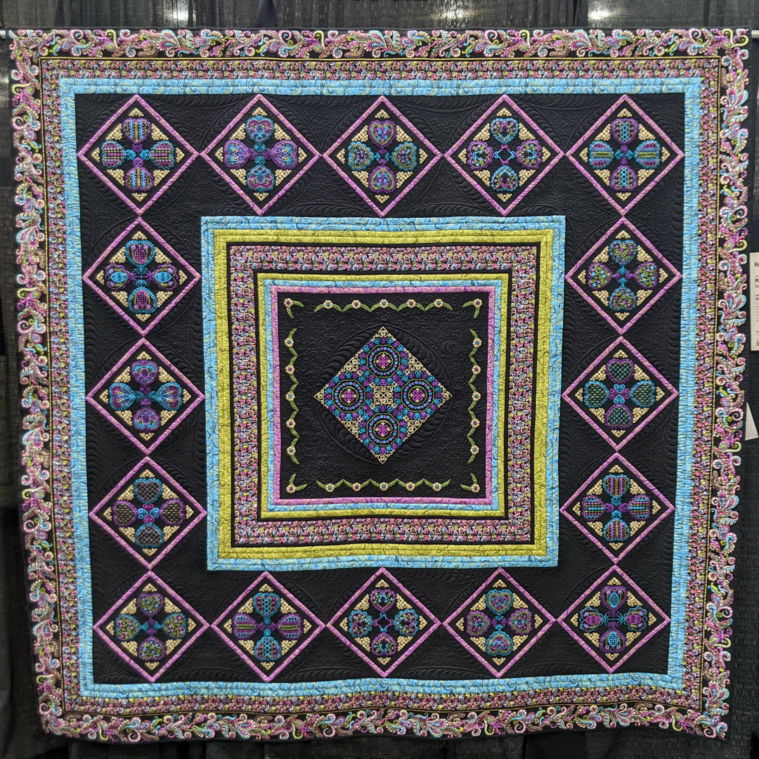 WIQuiltShow's tweet photo. "Heartful Celebration," created by Marlene Beeler of Sutter, Illinois and quilted by Stacie Spradlin, entered in the 2022 Quilt Contest, Machine Quilted Bed Size - Appliquéd - Mixed or Other category. 

Pattern/design source: Janet Sansom embroidery designs
#WisconsinQuiltShow https://t.co/wCSvazSu1D