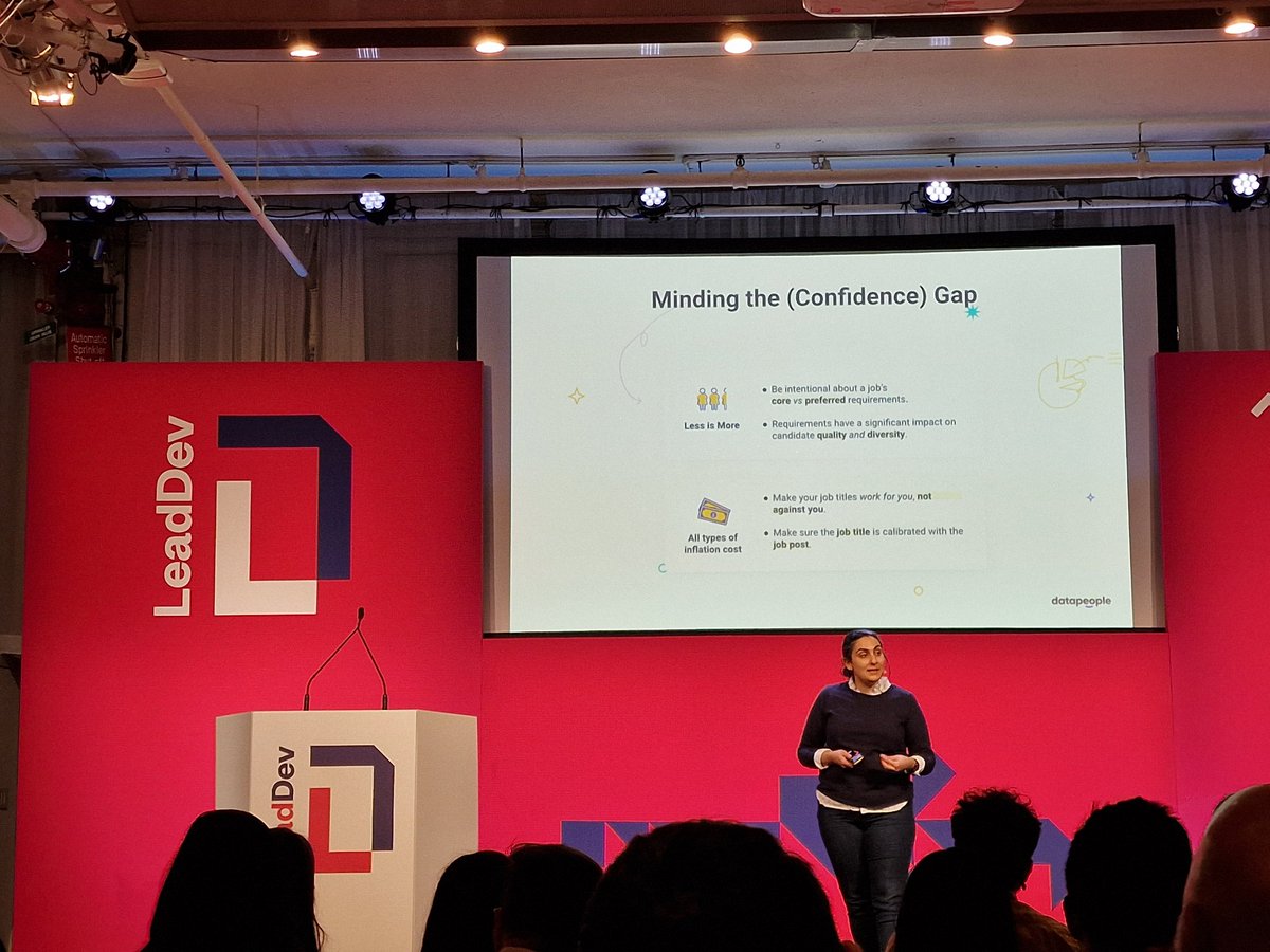 Eye-opening numbers in Maryam Jahanshahi's talk from <a href="/DataPeople/">DataPeople</a> about the confidence gap in tech recruiting. #LeadDevNYC