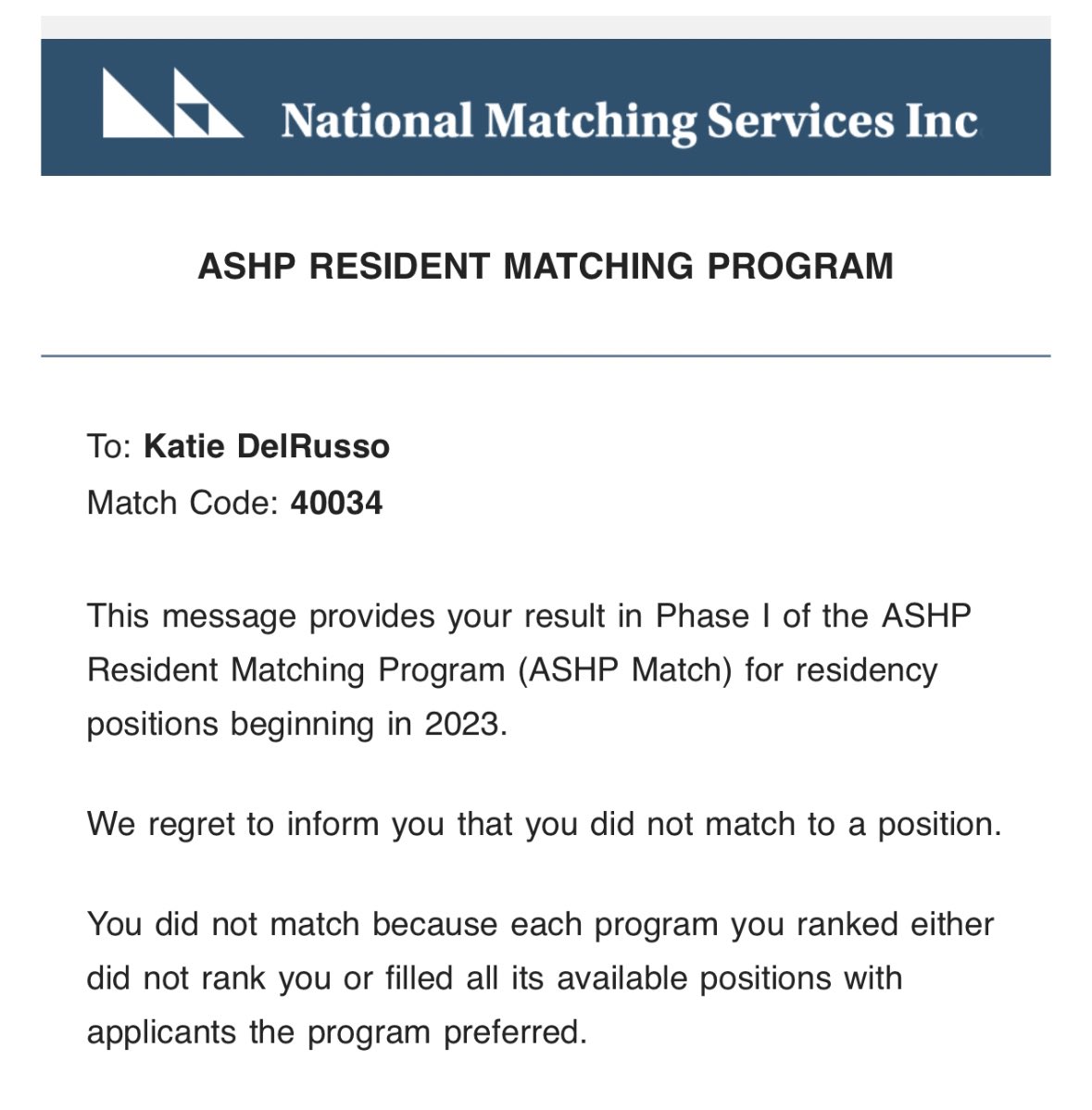 Katie DelRusso (@KatieDelRusso) on Twitter photo 2023-03-15 17:49:02 Sadly received the email I was wishing I wouldn’t get. I put my heart and soul into this process and after thinking (and a lot of crying), I know I need to lean on my self worth and everything I’ve accomplished. I hope things look up for me soon. #Match2023 Sadly received the email I was wishing I wouldn’t get. I put my heart and soul into this process and after thinking (and a lot of crying), I know I need to lean on my self worth and everything I’ve accomplished. I hope things look up for me soon. #Match2023