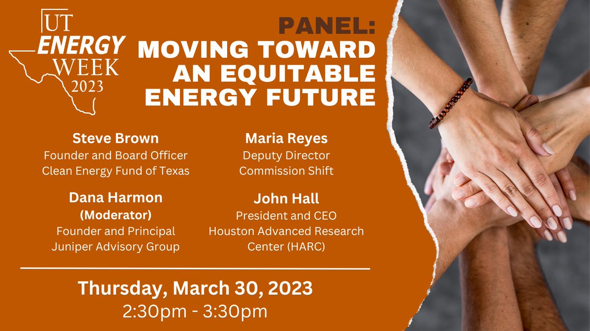 EnergyUT's tweet photo. The UT Energy Week panel “Moving Toward an Equitable Energy Future” on March 30th will dive into the ways that climate change solutions must be equitable to be effective. 

Register Now: https://t.co/u20Lf7BuTW

#utenergyweek #energy https://t.co/wxlcDic5vH