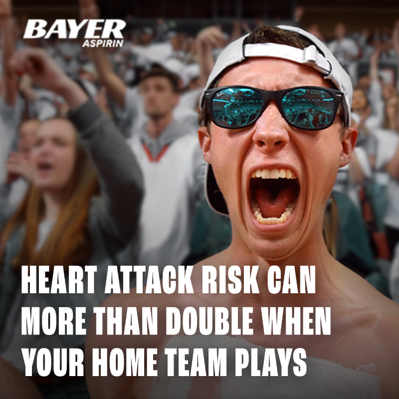 bayeraspirin's tweet photo. Heart attack risk can more than double when your home team plays.