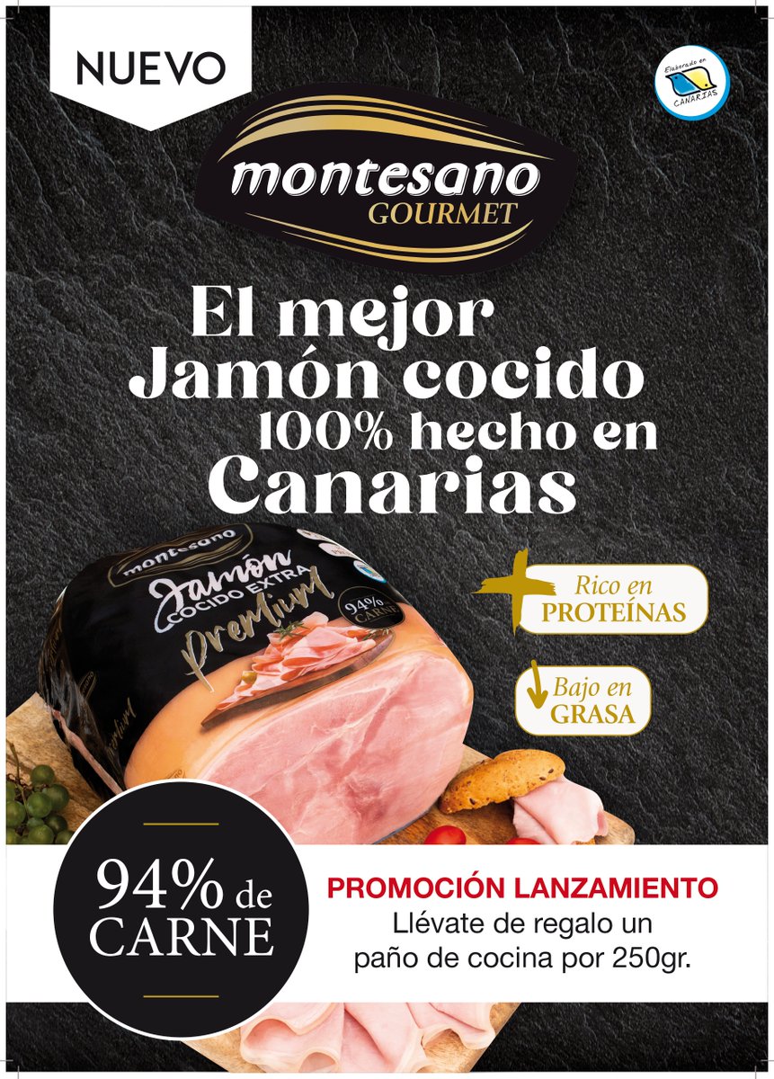 GrupoMontesano's tweet photo. En 📍 @viverescalledelagua celebran el lanzamiento del Jamón cocido Extra Premium de #MontesanoCanarias con una promo muy apañada ;)
👉 Por cada 250gr, llévate de regalo un paño de cocina.
@elaboradoaqui #JamónCocido #ExtraPremium #Gourmet #bocadillo #Sandwich #enlsalada https://t.co/KKfCKHYeap
