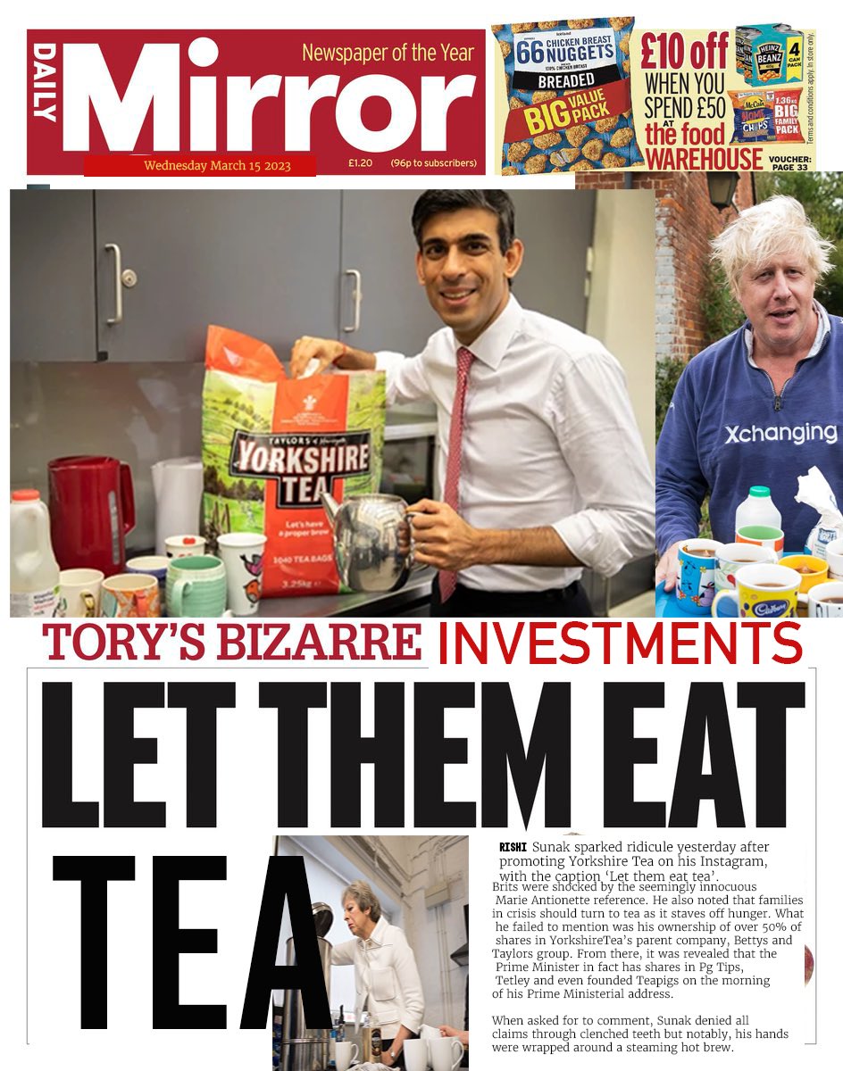 wordsofleah's tweet photo. As Brits, tea is in our blood. Our bones. Our very DNA. But some unsightly news has shocked the nation beyond repair. We could only get our hands on one copy to photograph, which you can see below. We await comment from Rishi as a vote of no confidence is held Monday 20th March. https://t.co/M1tstkLJQG