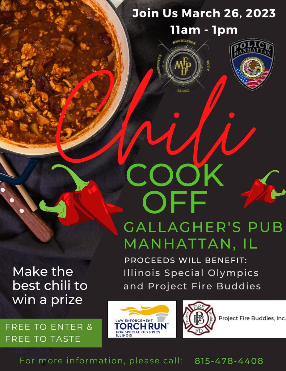 The Police vs. Fire Chili Cook-Off is back! Join us at  Gallagher's Pub on March 26th from 11 AM - 1 PM for a FREE event benefiting @SpecialOlympics & @ProjectFireBuddies. Fire responders and the public can compete! See below for details.