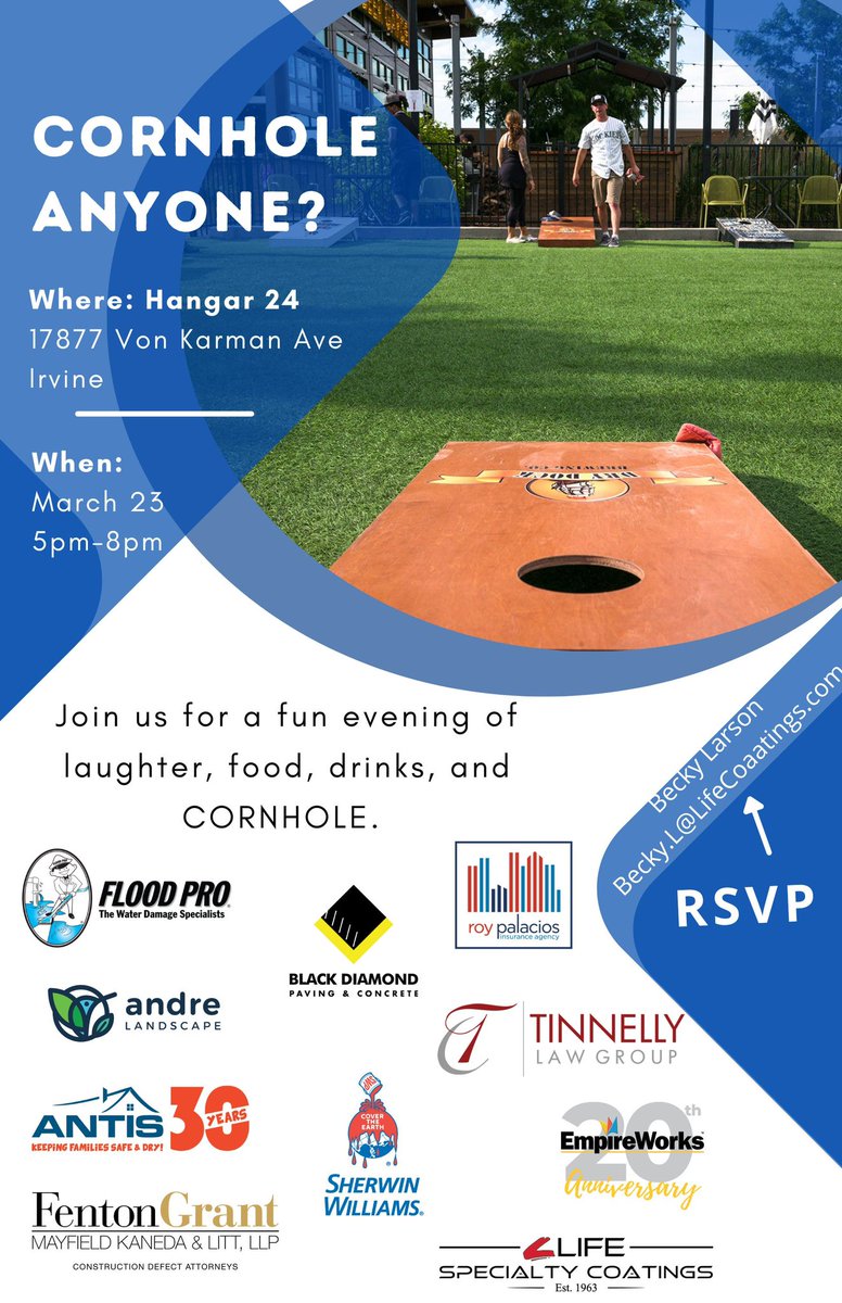 Beer, Bags & Boards! Join us for a fun night of Cornhole at @hangar24orangecounty on March 25th. RSVP to Becky Larson becky.l@lifecoatings.com. We hope to see you there!
.
.
.
  
#TLG #TinnellyLawGroup #Vendorevent #cornholetournament #hangar24 #industryfun