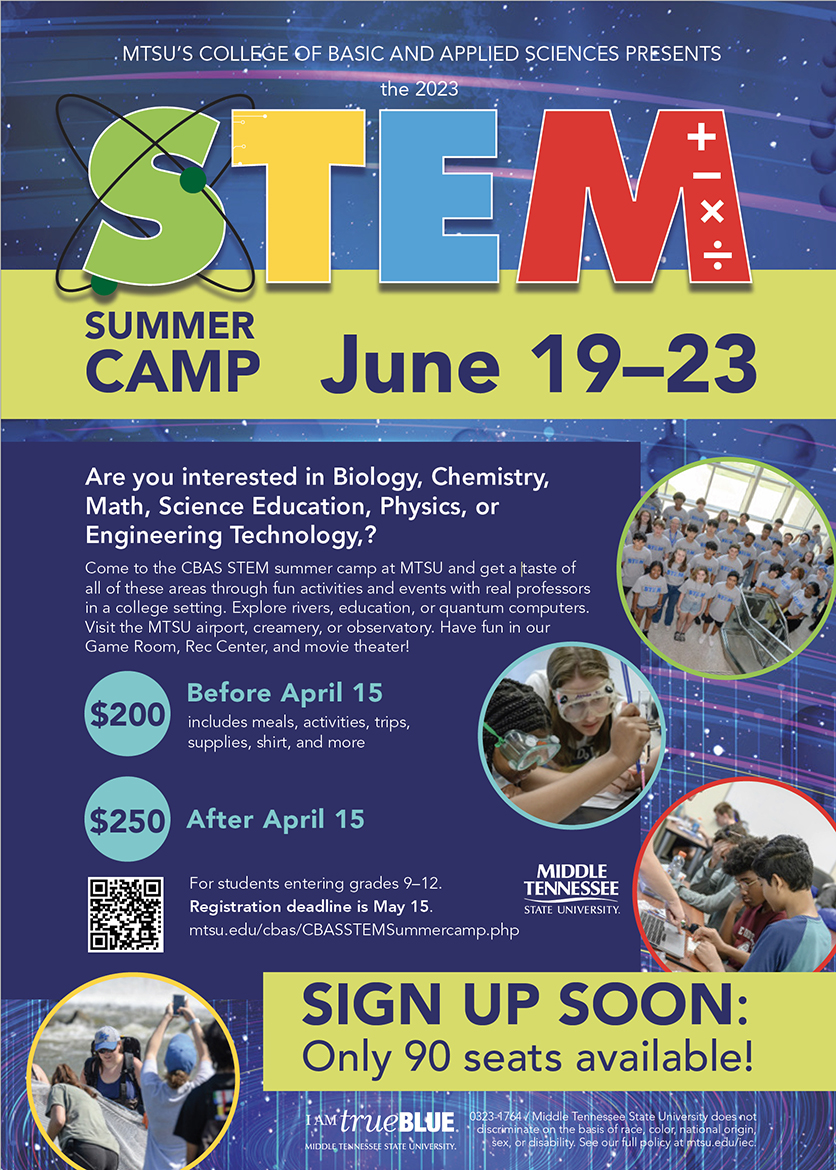 CbasMtsu's tweet photo. Registration is OPEN!
Rising 9th-12th graders
#mtsusciences @mtsu_biology @mtsuchemsociety @MTSUAg @MTSUPhysics @MTSU_ET @FireMtsu @TNGirlsInSTEM 

MTSU summer STEM camp registration opens March 15 for high schoolers https://t.co/tR76yPPp4r via @mtsunews https://t.co/wmVyDbYnzY