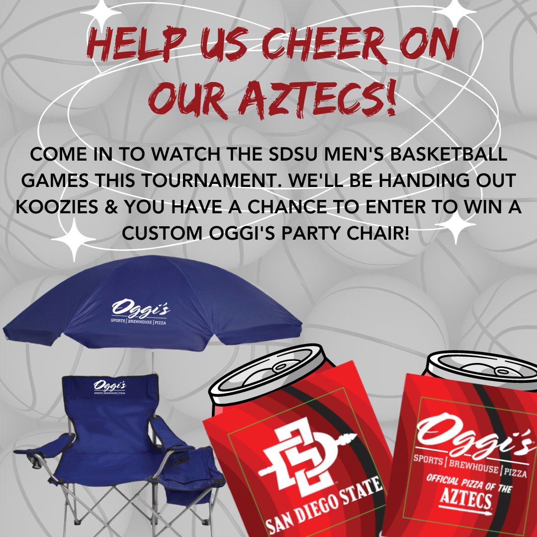 See you @ #OggisDelMar to watch #NCAA #MarchMania #Basketball
We OPEN EARLY Thurs 3/16/23 &amp; Fri 3/17/23 at 9:00AM so you can get your seats for the 9:15 games!

Don't forget your #FREE #Aztecs #Koozie w/any purchase. (while supply lasts)

Enter to win a custom #Oggis Party Chair!