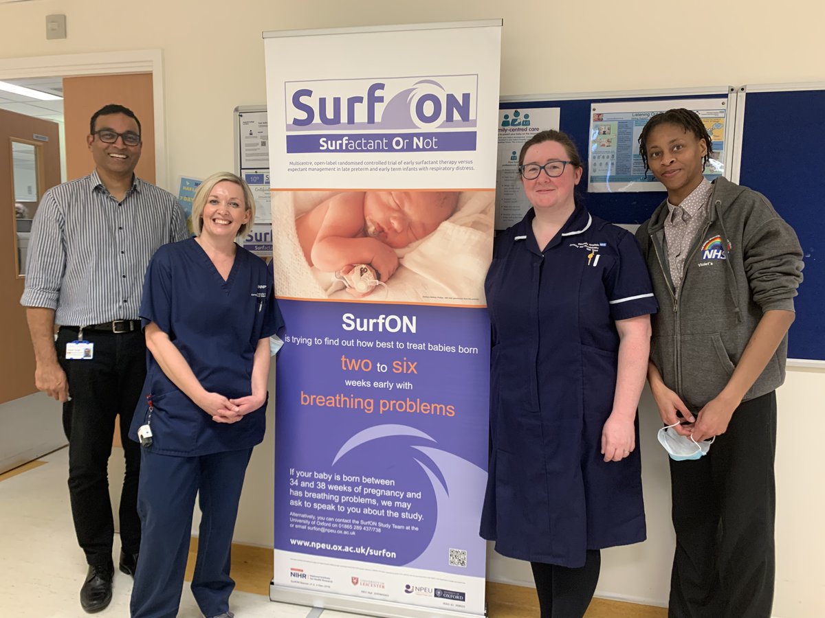 The incredible <a href="/SurfONtrial/">SurfON</a> team from University Hospitals Coventry and Warwickshire Neonatal Unit  <a href="/UHCW_NICU/">UHCW Neonatal Unit</a> <a href="/nhsuhcw/">UHCW NHS Trust</a> 📸From left to right PI   Nitesh Singh, API Lucy Bradley, Senior research nurse Laura Wild and CRN Clinical Trials Assistant Violet Effiom. #SurfactantOrNot