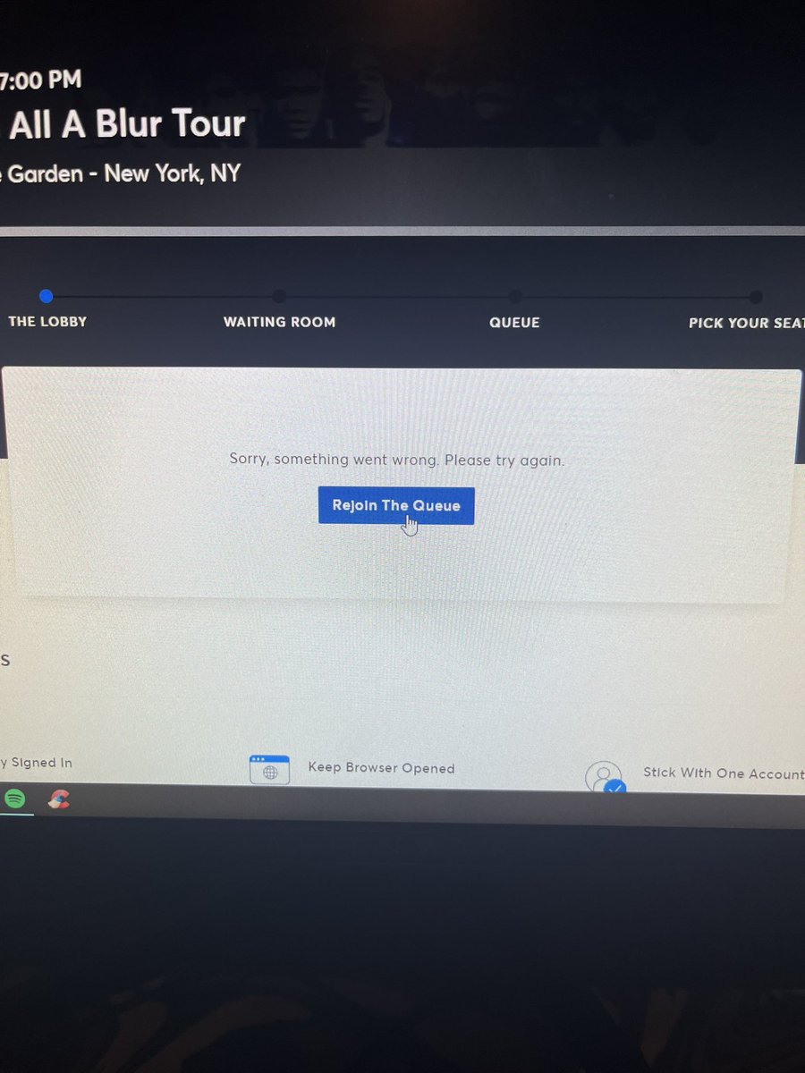 Stackers__'s tweet photo. @Ticketmaster I got this several times after getting through the que. I was on my computer 11:30 EST and still on it trying to get a ticket for Its all a Blur. Very disappointed, https://t.co/EntvXySY58