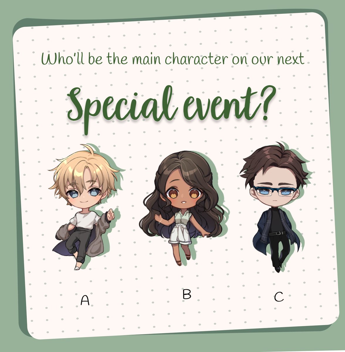 WheresTess's tweet photo. On our next update we'll have another special event! Can you guess who'll be the main character? ✨
#specialevent #otomegame #otometwt #visualnovel https://t.co/CZswWHPQPh