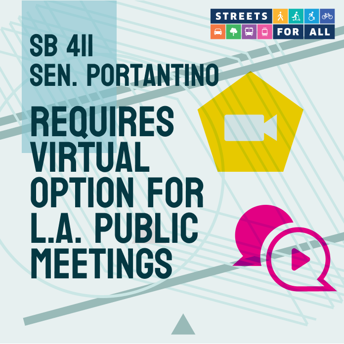 streetsforall's tweet photo. SB 411 allows neighborhood councils, boards, and commissions in the city of Los Angeles to continue meeting virtually, making meetings more accessible and reducing the need for unnecessary driving. (by @Portantino) https://t.co/wsRUXxWXBx