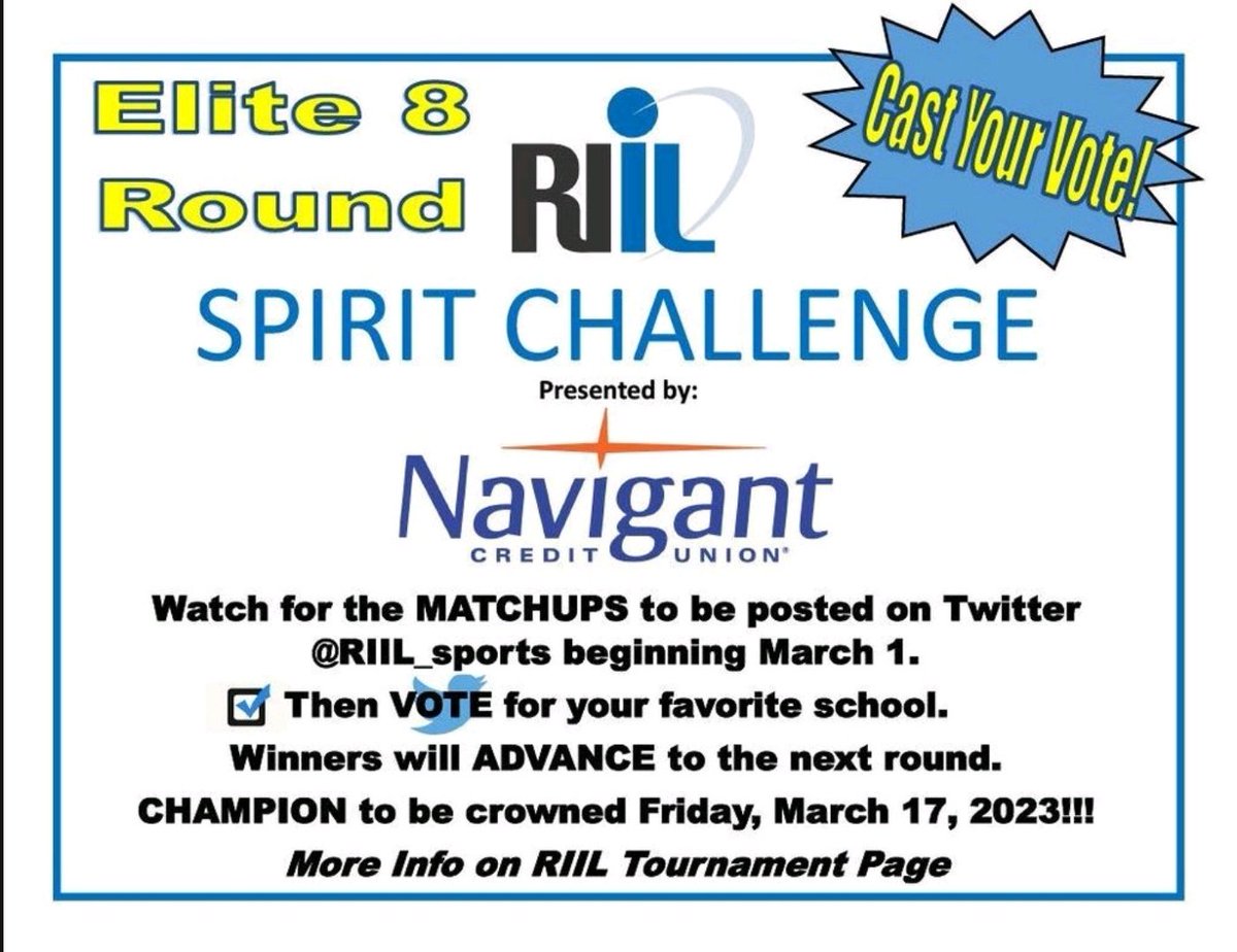 Sweet 16 Round of the RIIL Spirit Challenge is COMPLETE  Congrats to Lincoln, Johnston, St. Ray's, Classical, Chariho, Hendricken, Middletown & Rocky Hill! Elite 8 Round begins NOW! Get ready to VOTE!  #RIILSPIRITCHALLENGE @NavigantCU