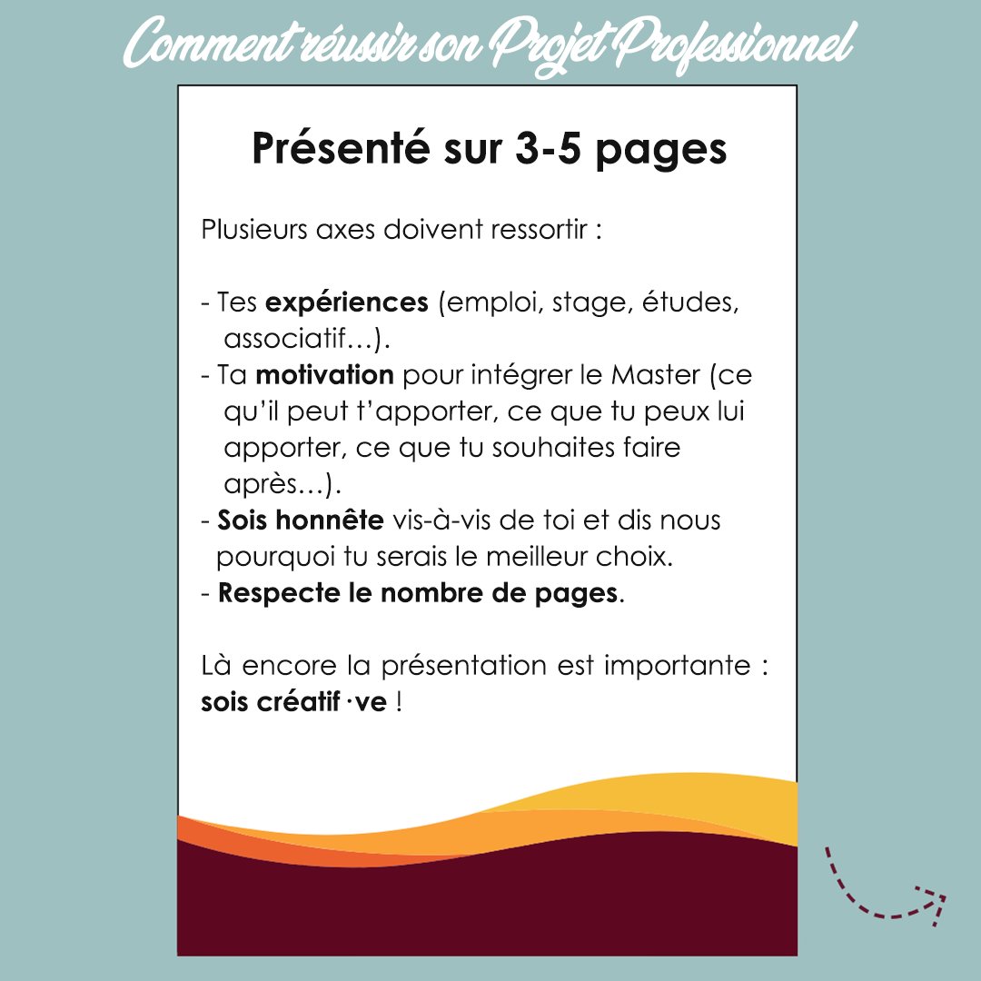 MasterMASCI's tweet photo. Nouvelle étape du tuto candidature : le projet professionnel 📚

Aujourd’hui, nous vous délivrons donc nos conseils afin de réussir cet exercice qui peut paraître difficile au premier abord 😅 

Alors, prêt·e·s à candidater au MASCI ? ✅

#MasterMASCI #Trouvermonmaster #projetpro https://t.co/q6fWLJbyUm