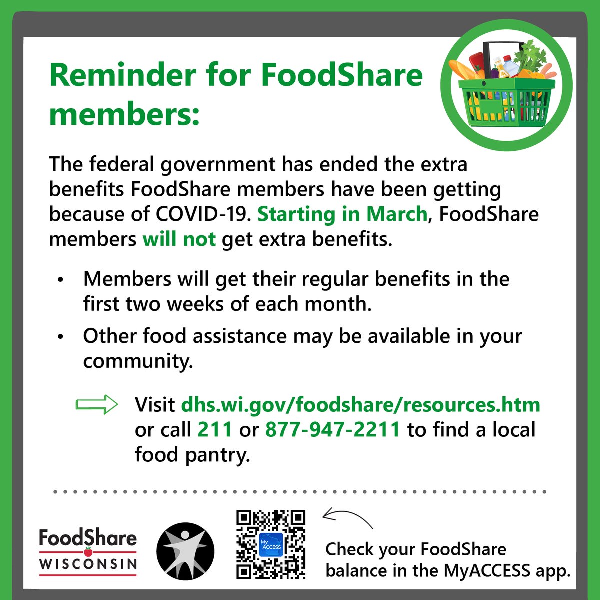 DHSWI's tweet photo. Reminder, the federal government has ended the extra benefits #FoodShare members have been getting because of #COVID19. 
✔ See your FoodShare benefits on the #MyACCESS mobile app or at https://t.co/def5XtRvJy.
➡ Find food help at https://t.co/DhD3e9GxbD, 211, or 877-947-2211 https://t.co/k5xTthTP1d