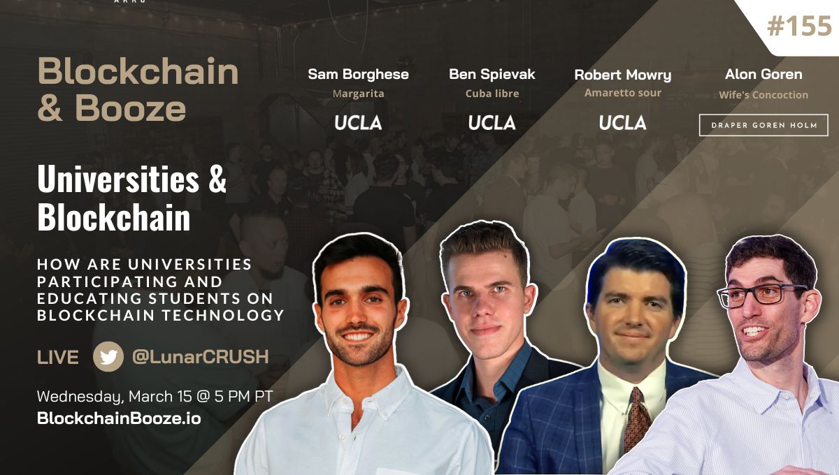 Join us tonight from 5-7 PM PT on @DGHEvents’ #BlockchainBooze🍺 as host @AlonGoren chats with @blockchainteach, @benspievak and @robertmowry about how are universities participating and educating students on Blockchain technology! 🎟 Register free: dgh.events/event/blockcha…