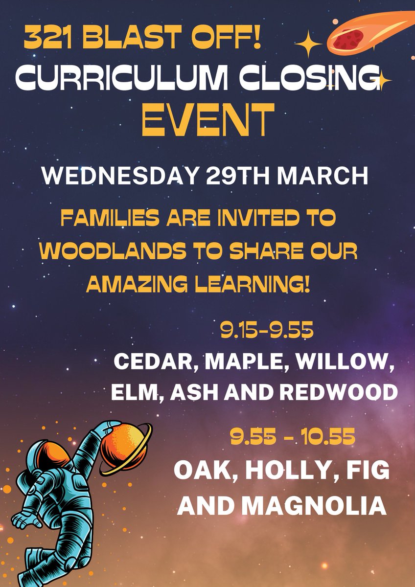 Families are invited from Key Stage Three to attend our curriculum closure event on Wednesday 29th March. Please see the poster for times. We can't wait to share our amazing learning from our topic 321 Blast Off! <a href="/CardiffWestern/">Western Learning Federation</a>