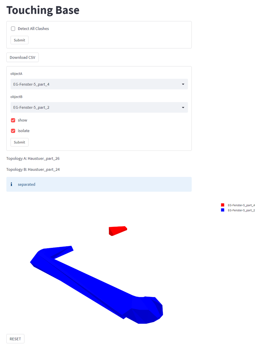 Today's progress: Fun first prototype of a cloud-based clash detection system for #IFC files. You drag and drop your file in the browser and then select two objects to check if they are separate/touching/overlapping. You also have the option to create a CSV comparing many2many.